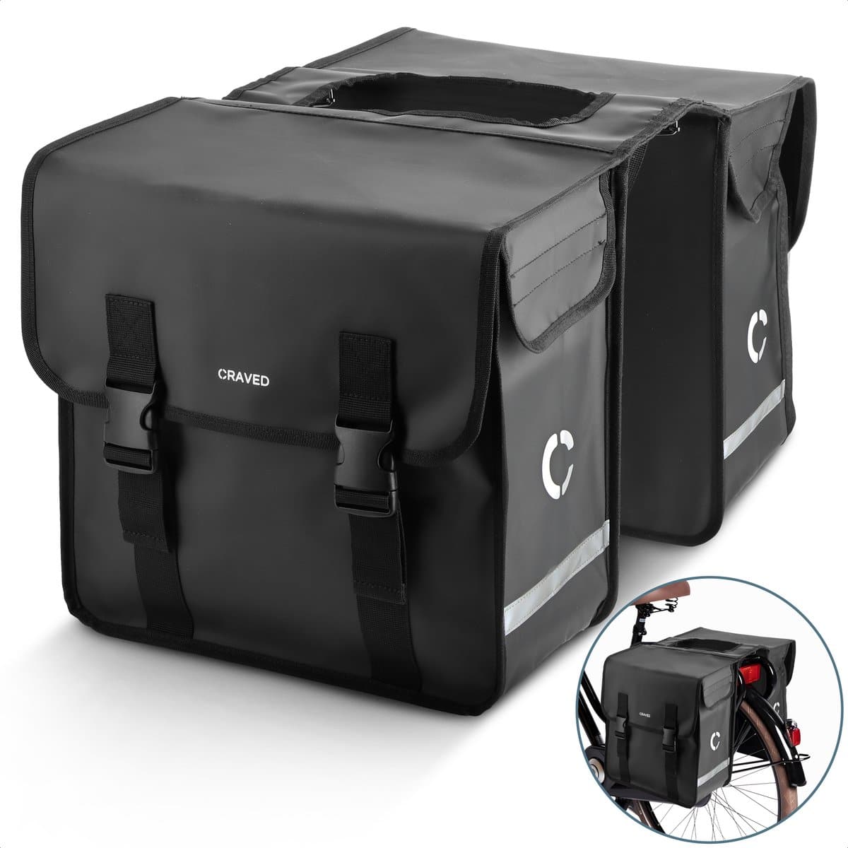 Craved Dubbele Fietstassen - 40 liter - Zwart - Met reflectie - Elektrische Fiets